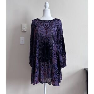 Free People XS Crushed Velvet Mini Dress Whimsigoth Purple Paisley *MISSING SLIP